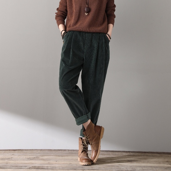 Corduroy Elastic Waist Loose Fit Brown Pants Small - Picture 8 of 11